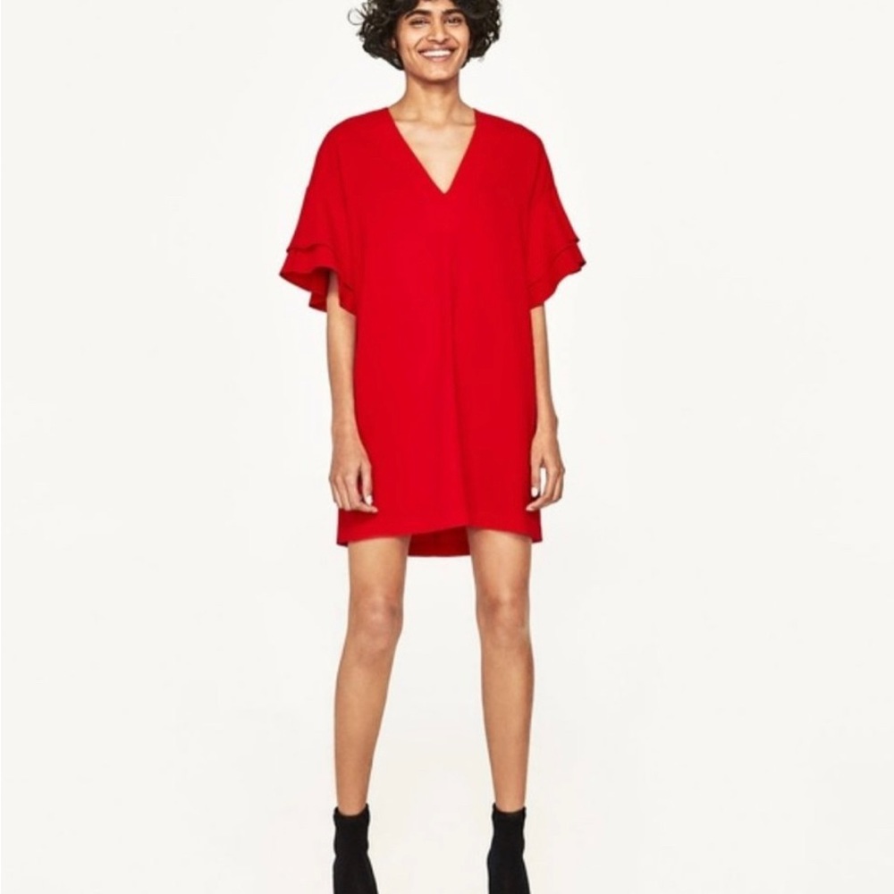 5/$25 Zara Red Ruffle Sleeve Mini Dress XS